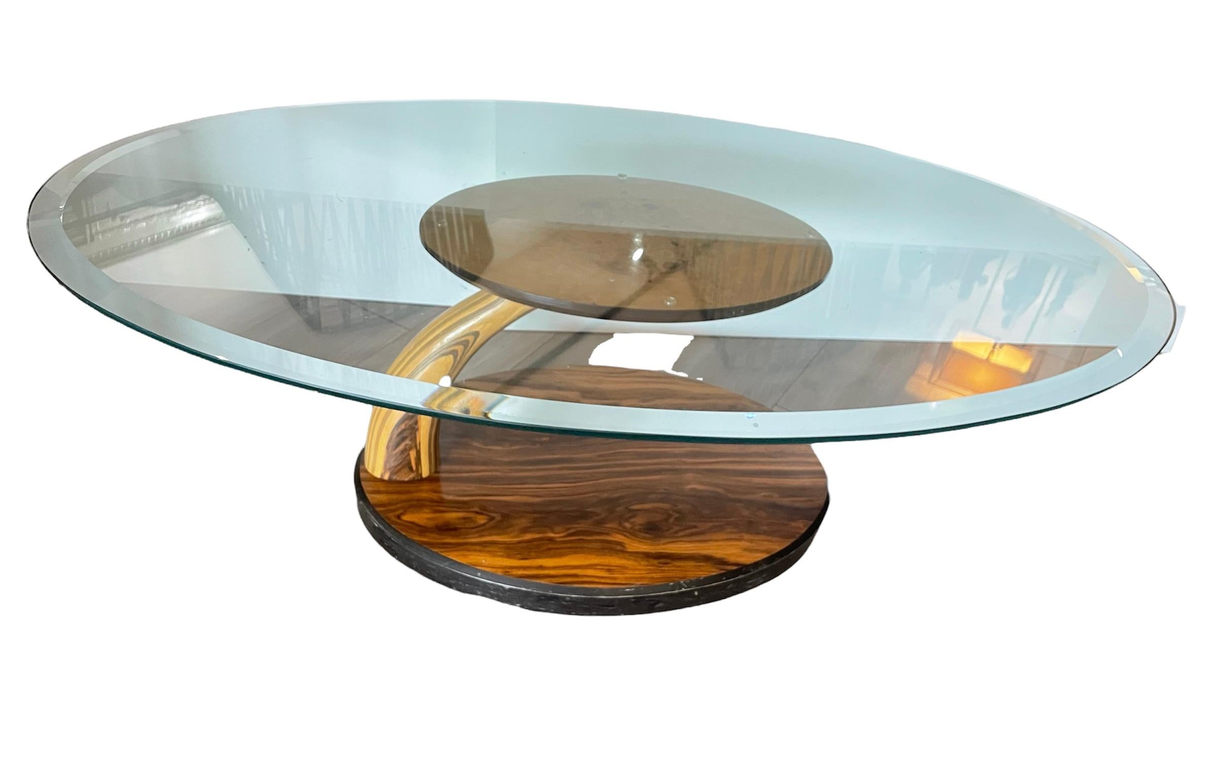 Carved Henredon Zebra Wood Coffee Table with Suspended Glass