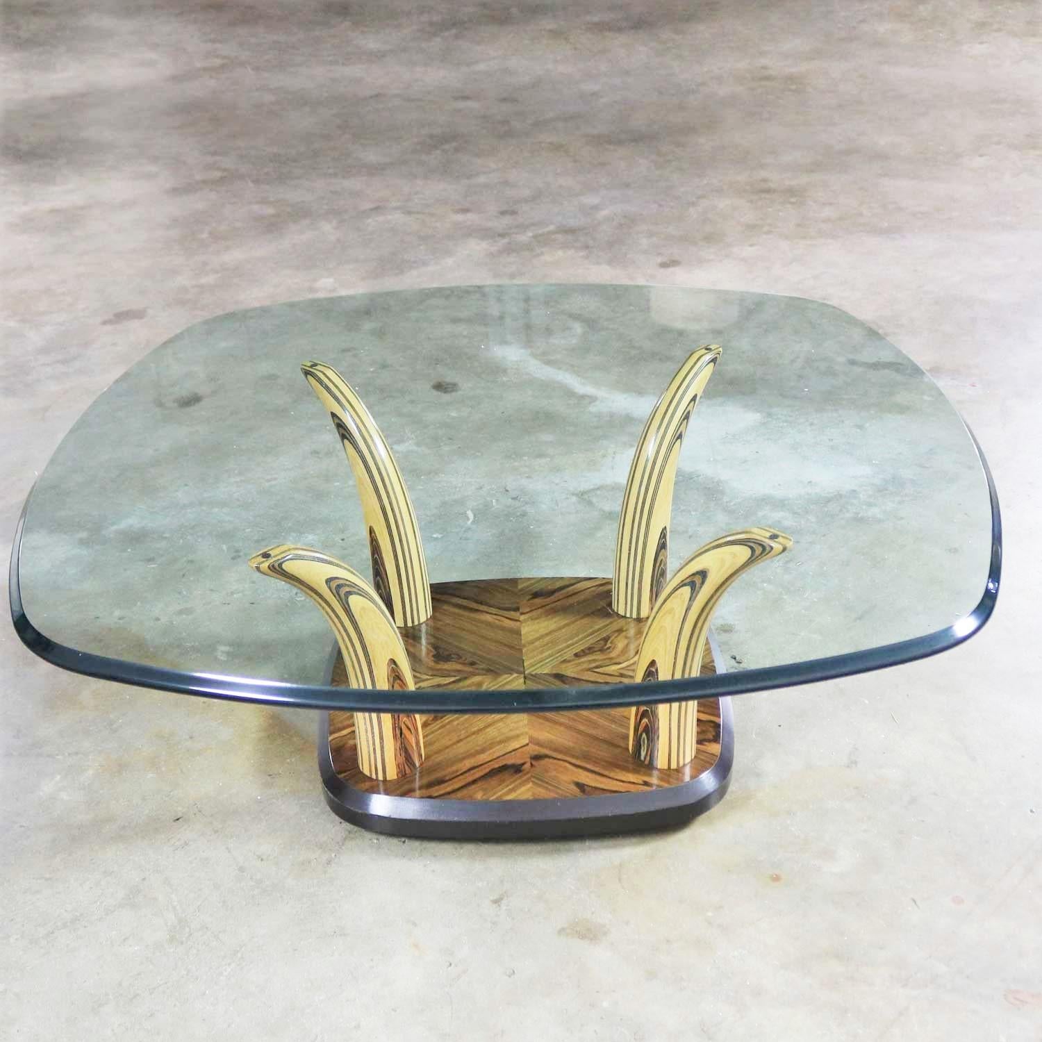 Hollywood Regency Henredon Zebra Wood Faux Tusk Coffee or Cocktail Table with Glass Top