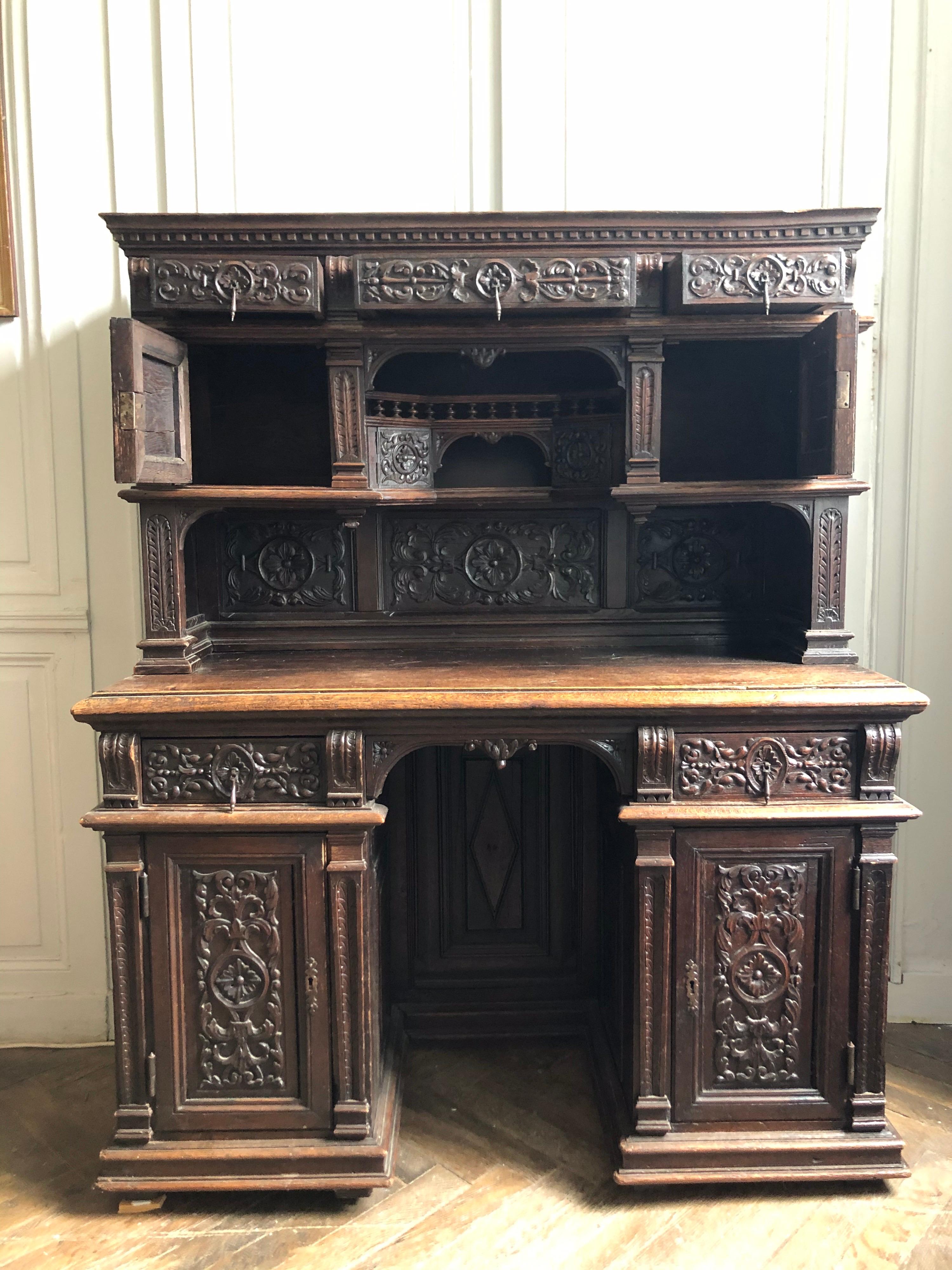 Hand-Carved Henri 2 Cabinet or Secretaire in Sculpted Oak Renaissance Style, 19th Century For Sale
