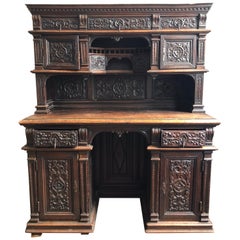 Henri 2 Cabinet or Secretaire in Sculpted Oak Renaissance Style, 19th Century