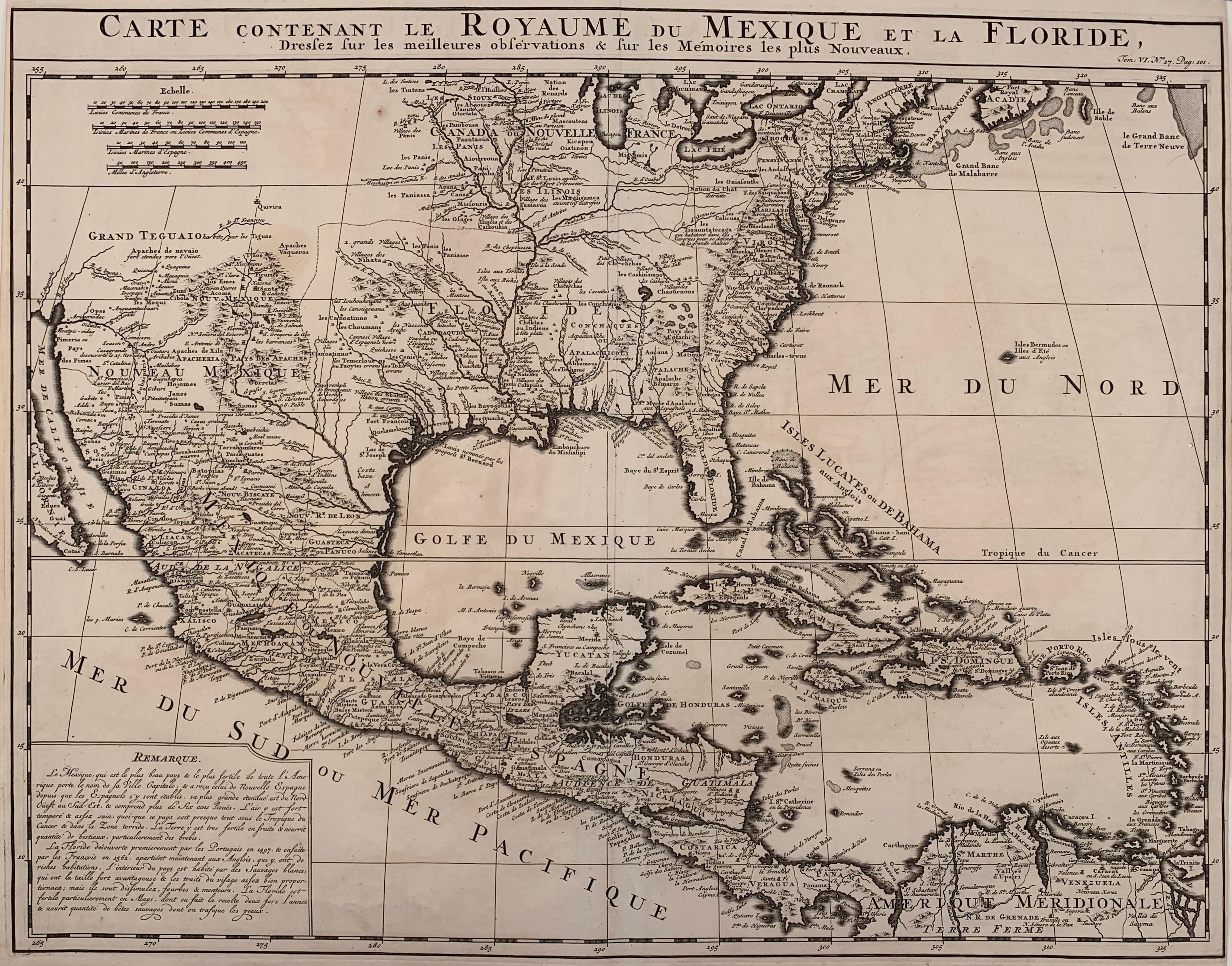 Henri-Abraham Chatelain Landscape Print - 1719 Chatelain Map of Mexico, Southeast North America and the Caribbean 