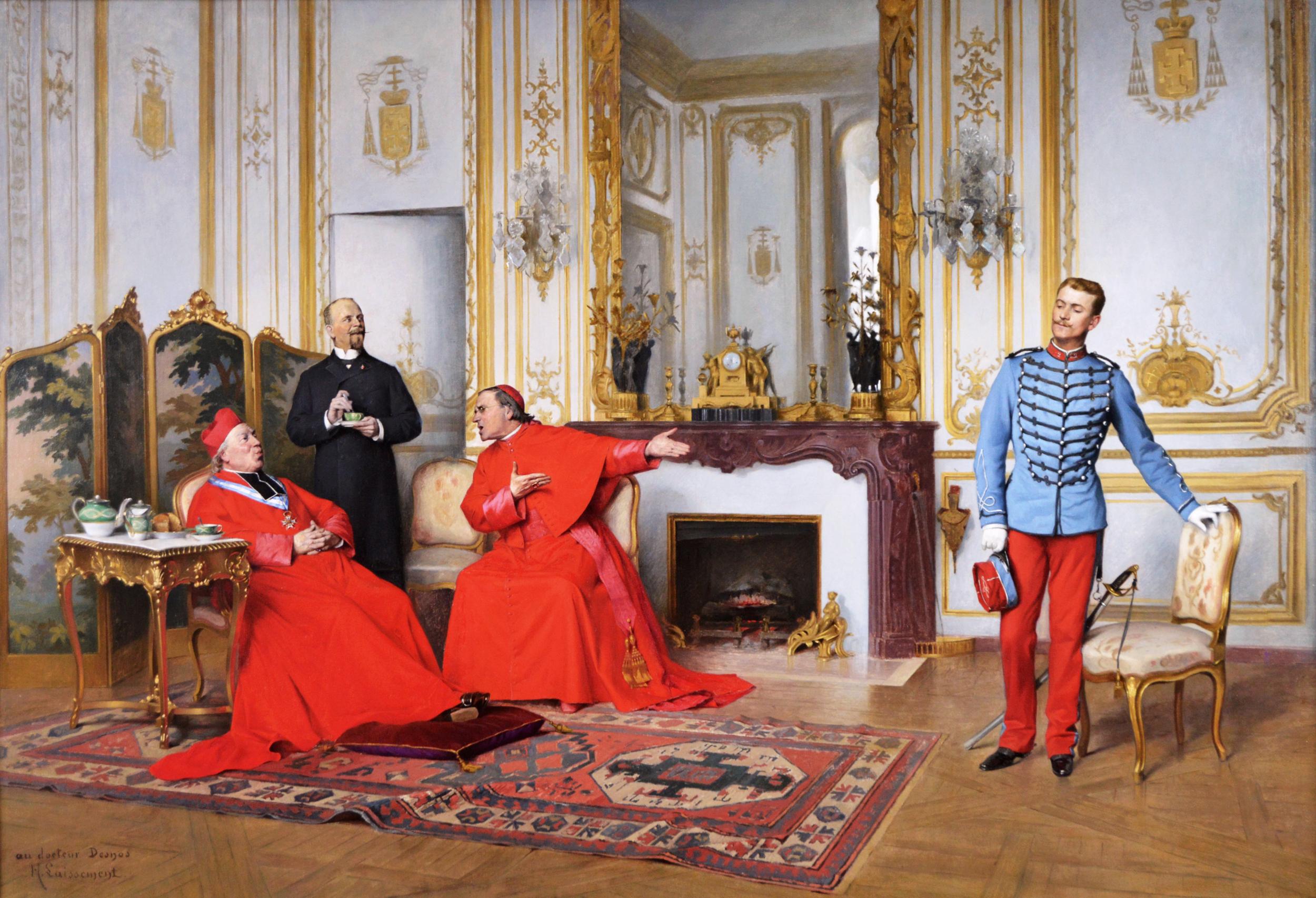 19th Century genre oil painting of cardinals and a soldier  - Painting by Henri Adolphe Laissement