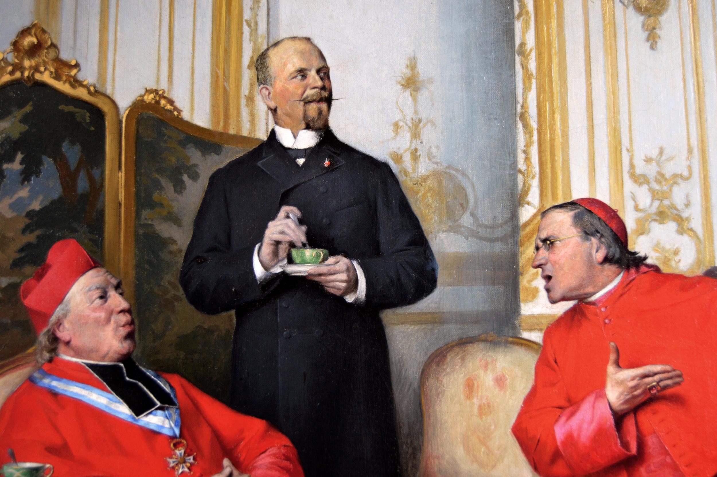 19th Century genre oil painting of cardinals and a soldier  - Brown Figurative Painting by Henri Adolphe Laissement
