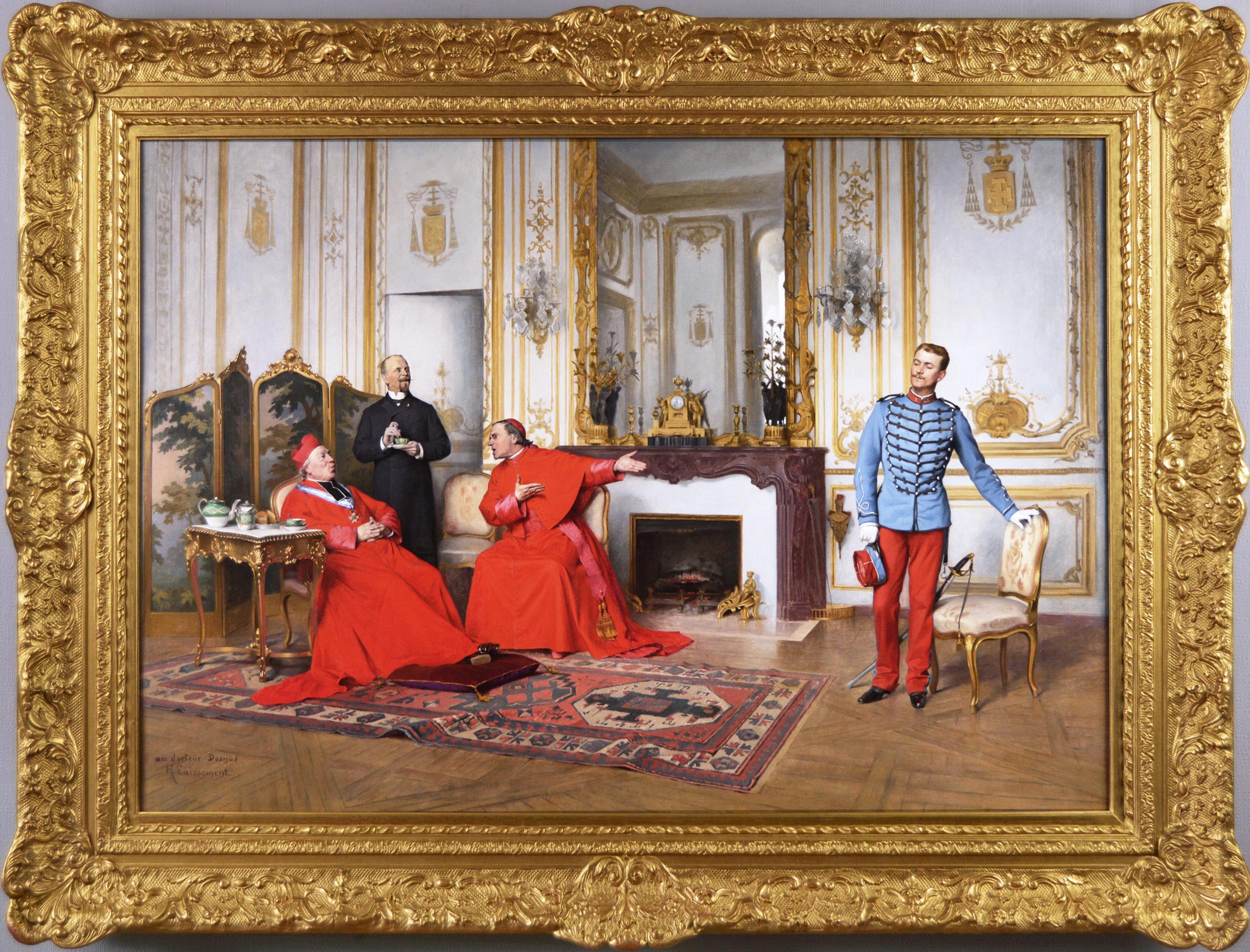 19th Century genre oil painting of cardinals and a soldier 
