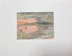 Fine Antique French Impressionist Fishing Boats Anchored at Sunset