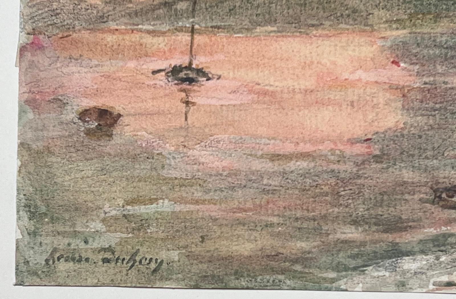 The artist: 
Henri Aime Duhem (1860-1941) French *see notes below, signed 

Title: Sunset at Sea

Medium:  
signed gouache on paper, loosely laid over card, unframed

card: 10 x 12.75 inches
painting: 5 x 6.5 inches

Provenance: 
private collection
