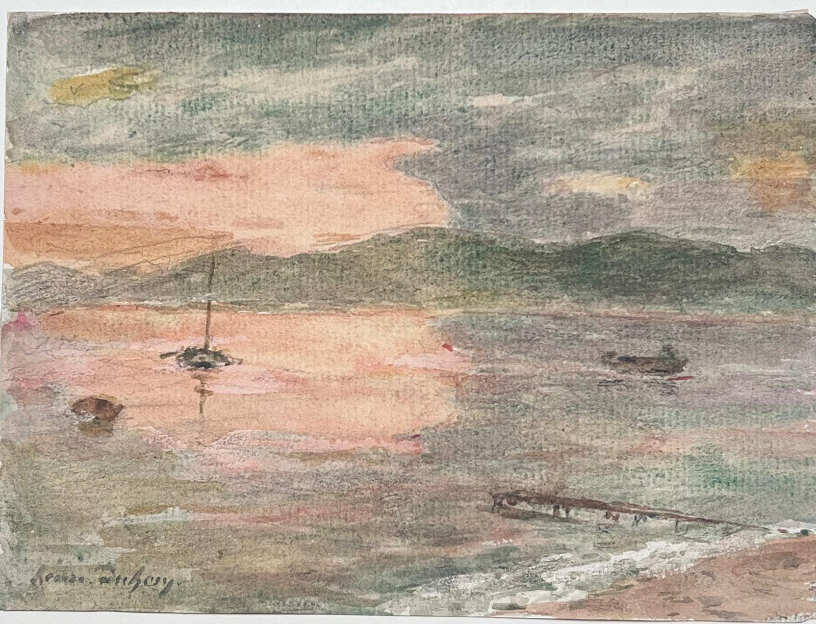 The artist: 
Henri Aime Duhem (1860-1941) French *see notes below, signed 

Title: Sunset at Sea

Medium:  
signed gouache on paper, loosely laid over card, unframed

card: 10 x 12.75 inches
painting: 5 x 6.5 inches

Provenance: 
private collection