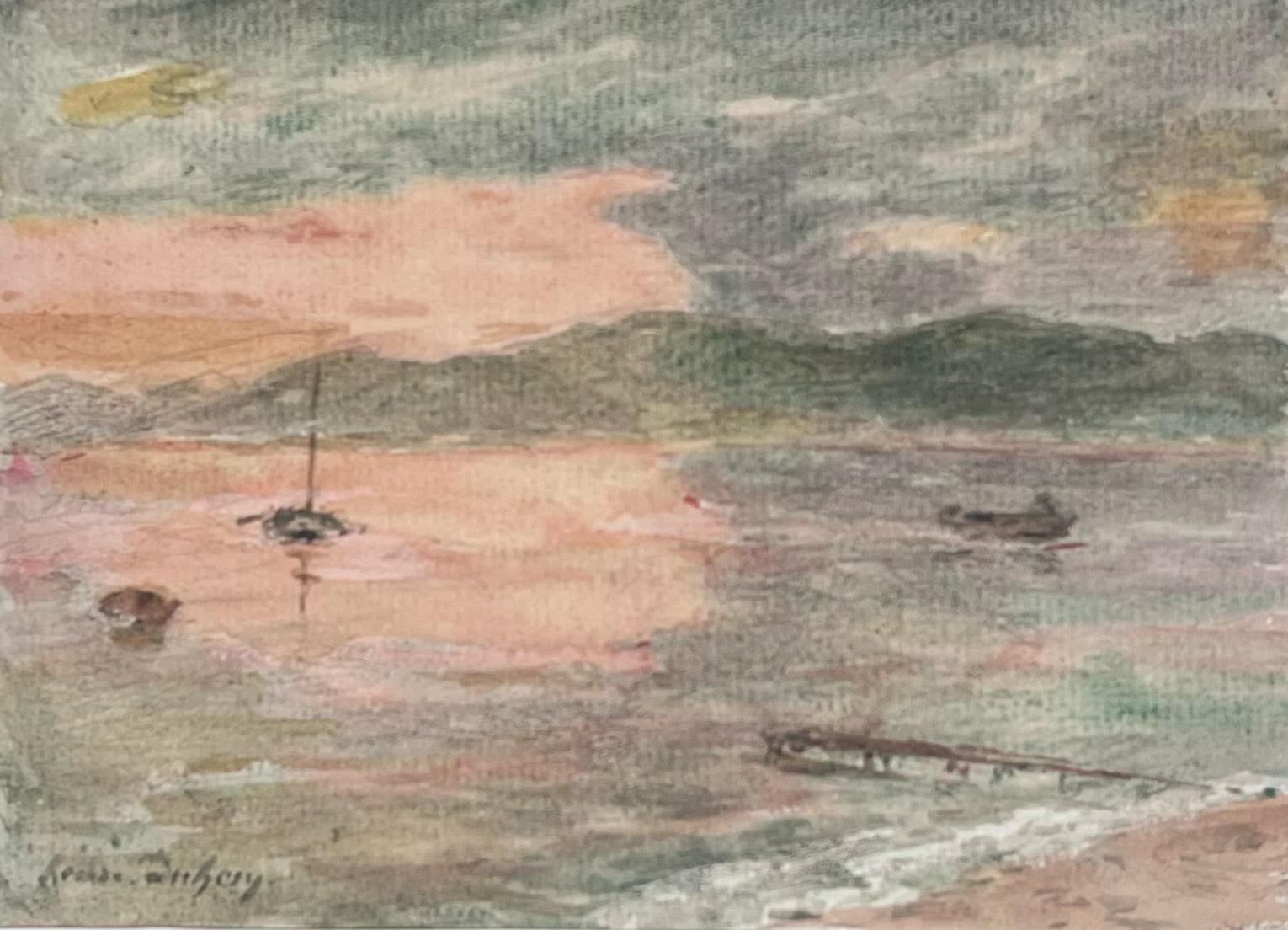 Henri Aime Duhem Landscape Painting - Fine Antique French Impressionist Fishing Boats Anchored at Sunset