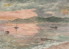 Schöne antike französische Impressionisten Fischerboote vor Anker bei Sonnenuntergang