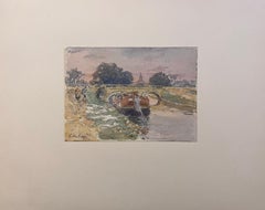 Fine Antique French Impressionist Painting Canal Barge Bridge & Walkers on Path
