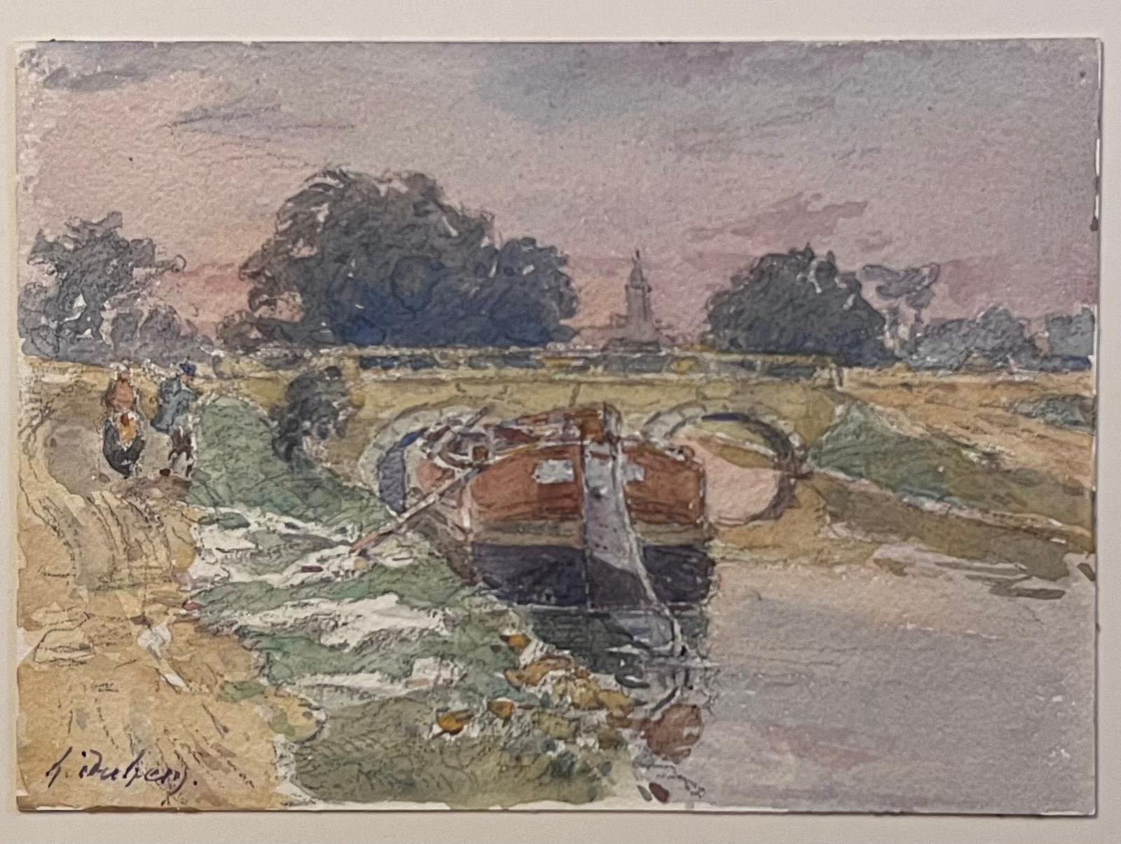Henri Aime Duhem Landscape Art - Fine Antique French Impressionist Painting Canal Barge Bridge & Walkers on Path