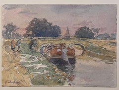 Belle peinture impressionniste française ancienne Bridge Barge Bridge & Walkers on Path