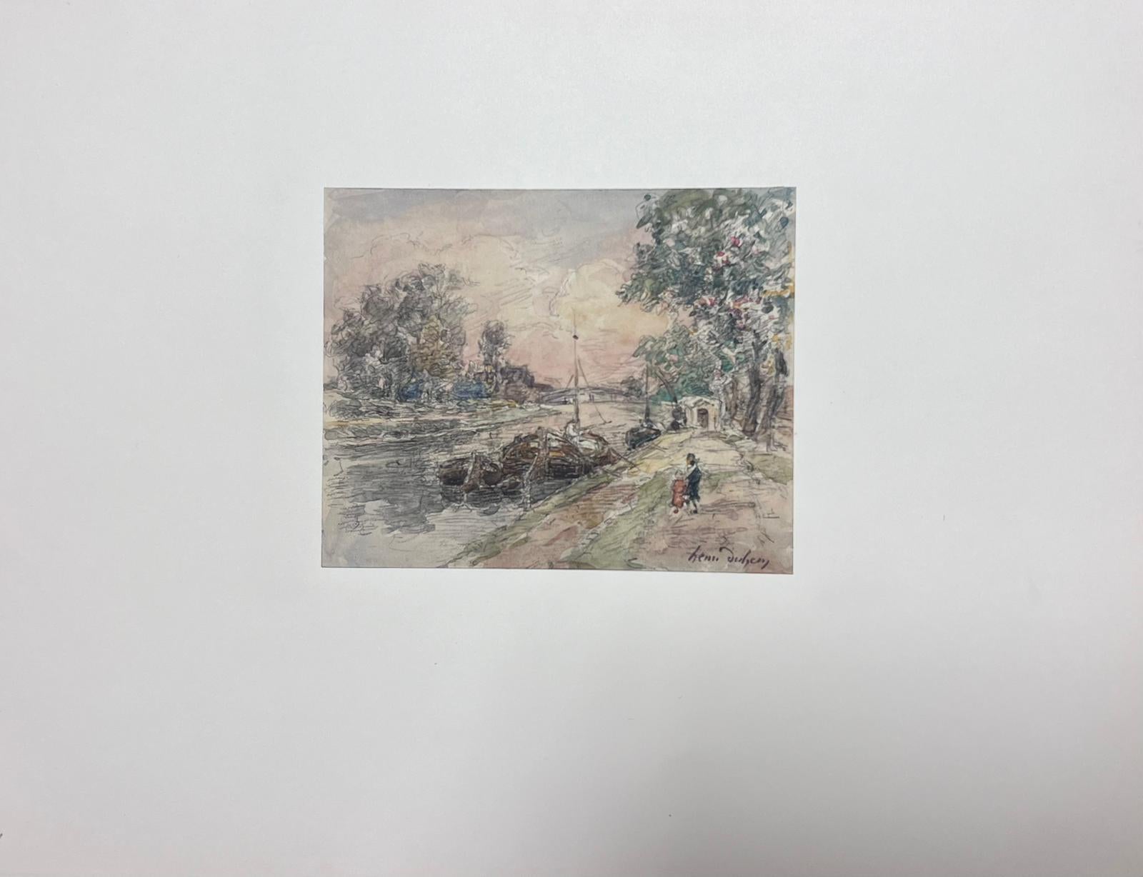 The artist: 
Henri Aime Duhem (1860-1941) French *see notes below, signed 

Title: The Canal

Medium:  
gouache on paper, loosely laid over card, unframed

card: 9.75 x 13 inches
painting: 4.25 x 5 inches

Provenance: 
private collection of this