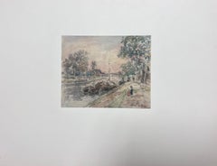 Fine Antique French Impressionist Painting Canal Tow Path with Children & Boats