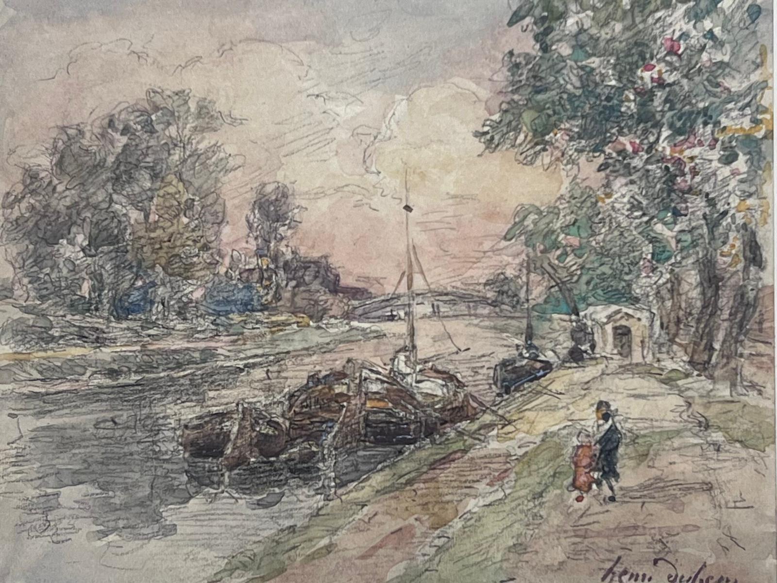 Fine Antique French Impressionist Painting Canal Tow Path with Children & Boats For Sale 1