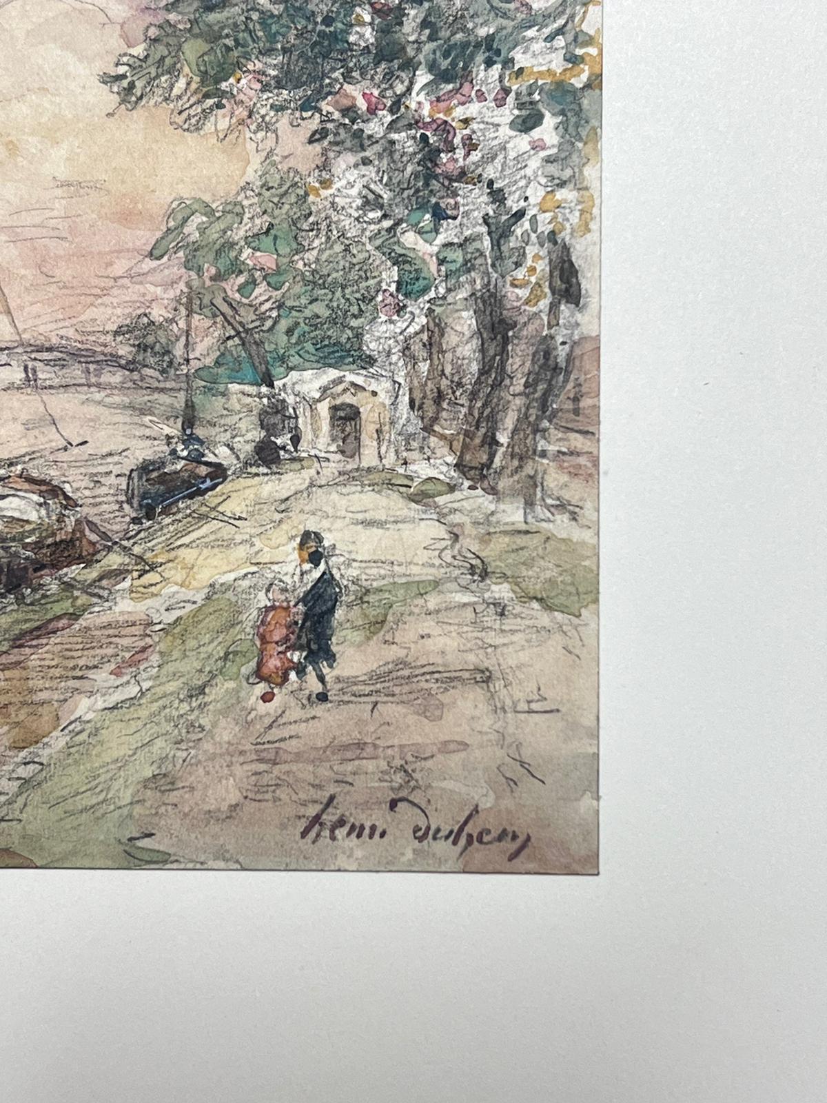 Belle peinture impressionniste française ancienne Canal Tow Path avec enfants et bateaux - Gris Landscape Painting par Henri Aime Duhem