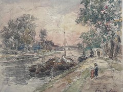 Belle peinture impressionniste française ancienne Canal Tow Path avec enfants et bateaux