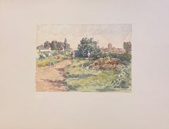 Fine Antique French Impressionist Painting Canal With Walkers