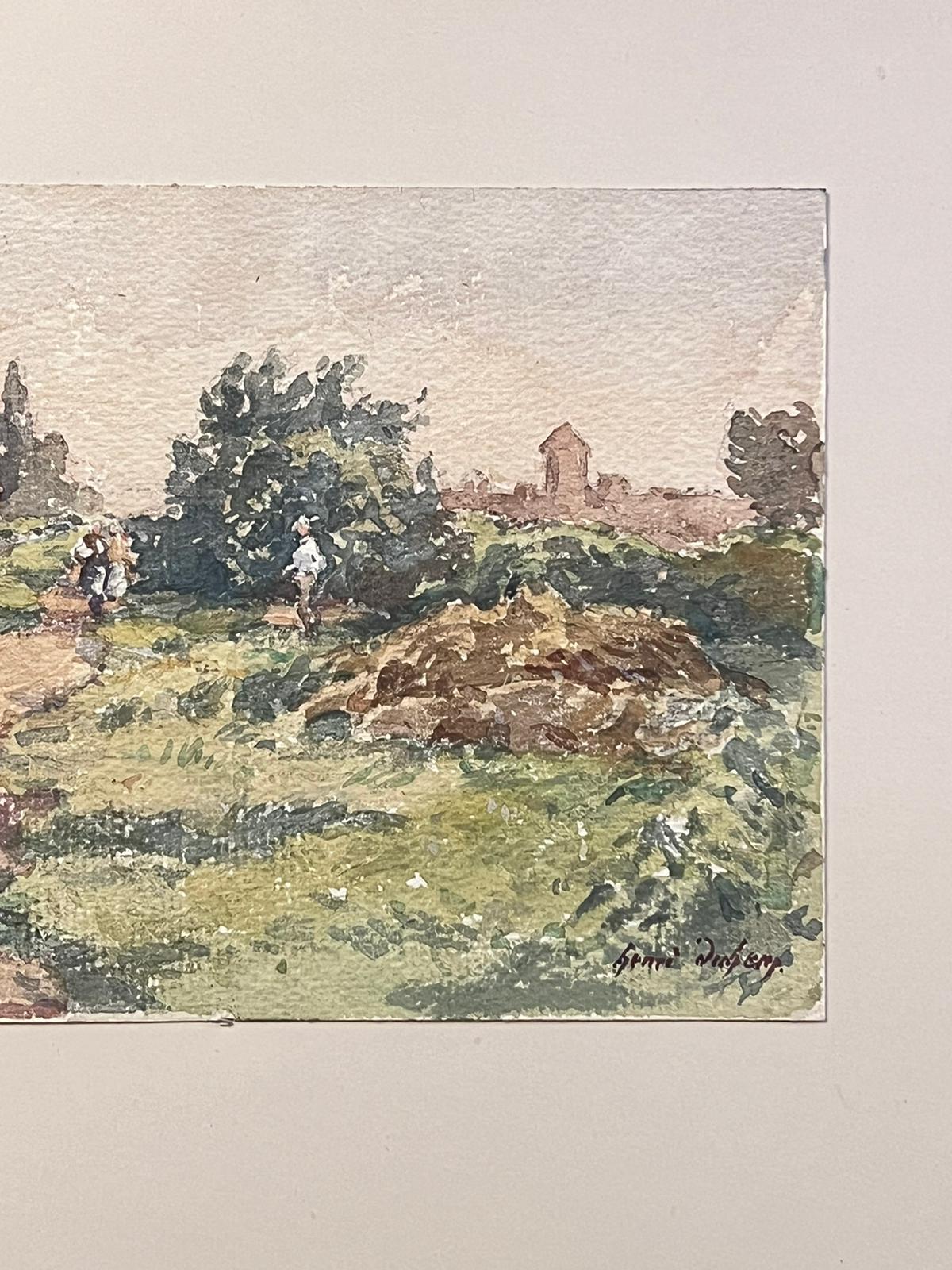 Fine Antique French Impressionist Painting Canal With Walkers - Beige Landscape Art by Henri Aime Duhem