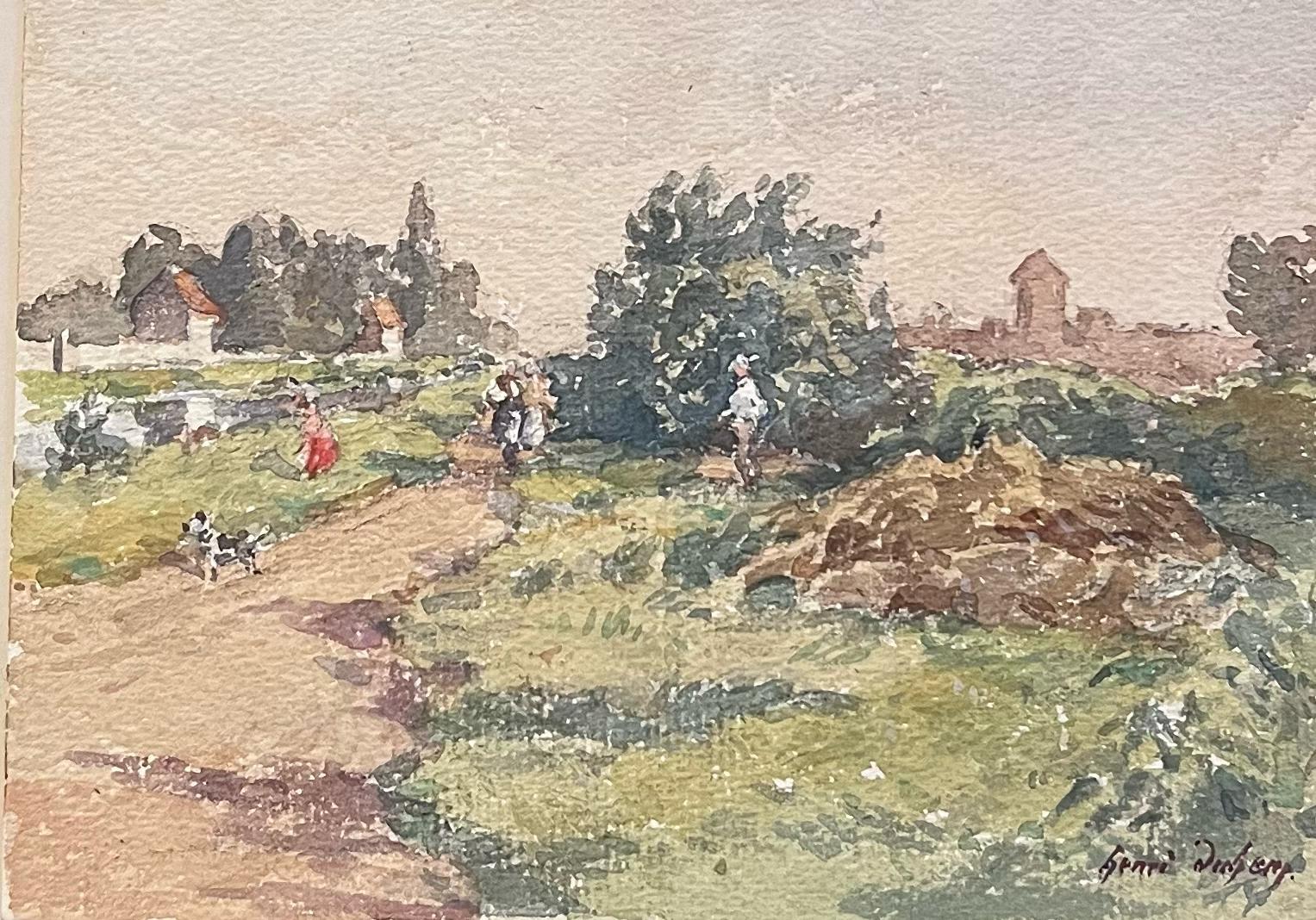 The artist: 
Henri Aime Duhem (1860-1941) French *see notes below, signed 

Title: The Country Path

Medium:  
gouache on paper, loosely laid over card, unframed

card: 9.75 x 13 inches
painting: 5 x 7 inches, 

Provenance: 
private collection of