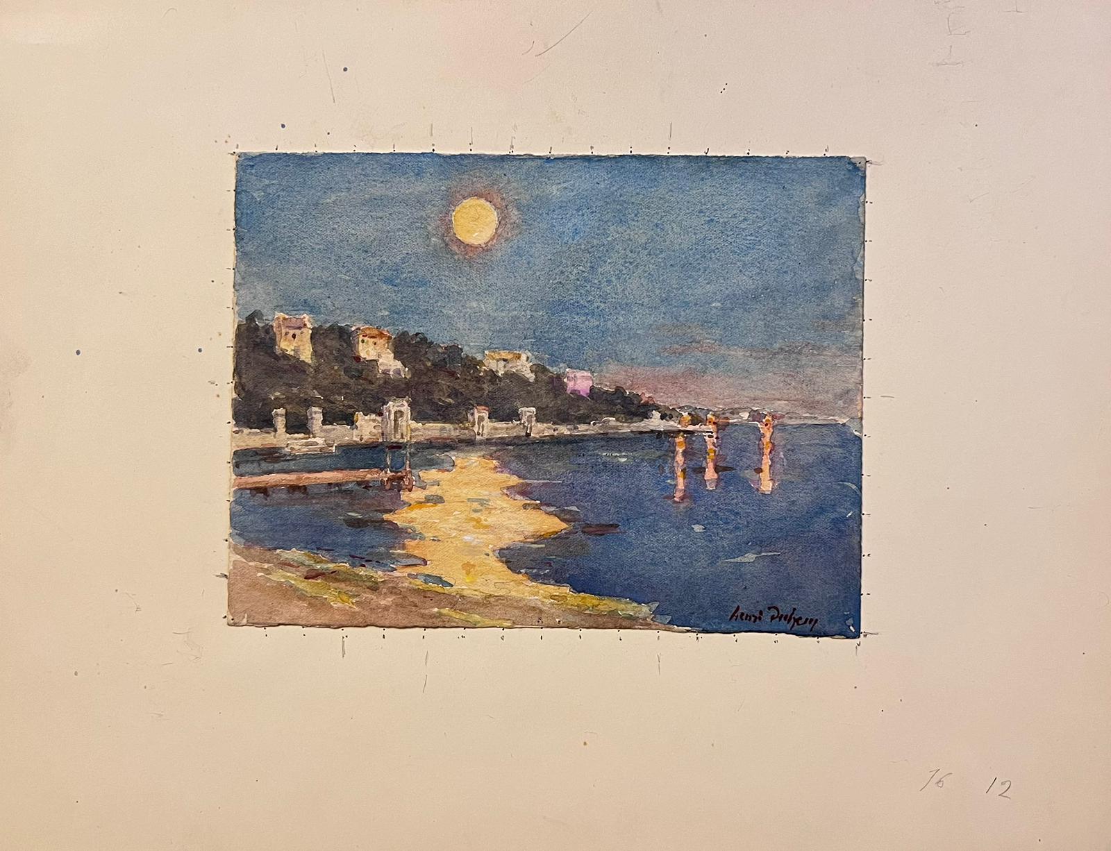 Pregevole dipinto impressionista francese d'epoca con luna costiera nel sud della Francia - Painting di Henri Aime Duhem