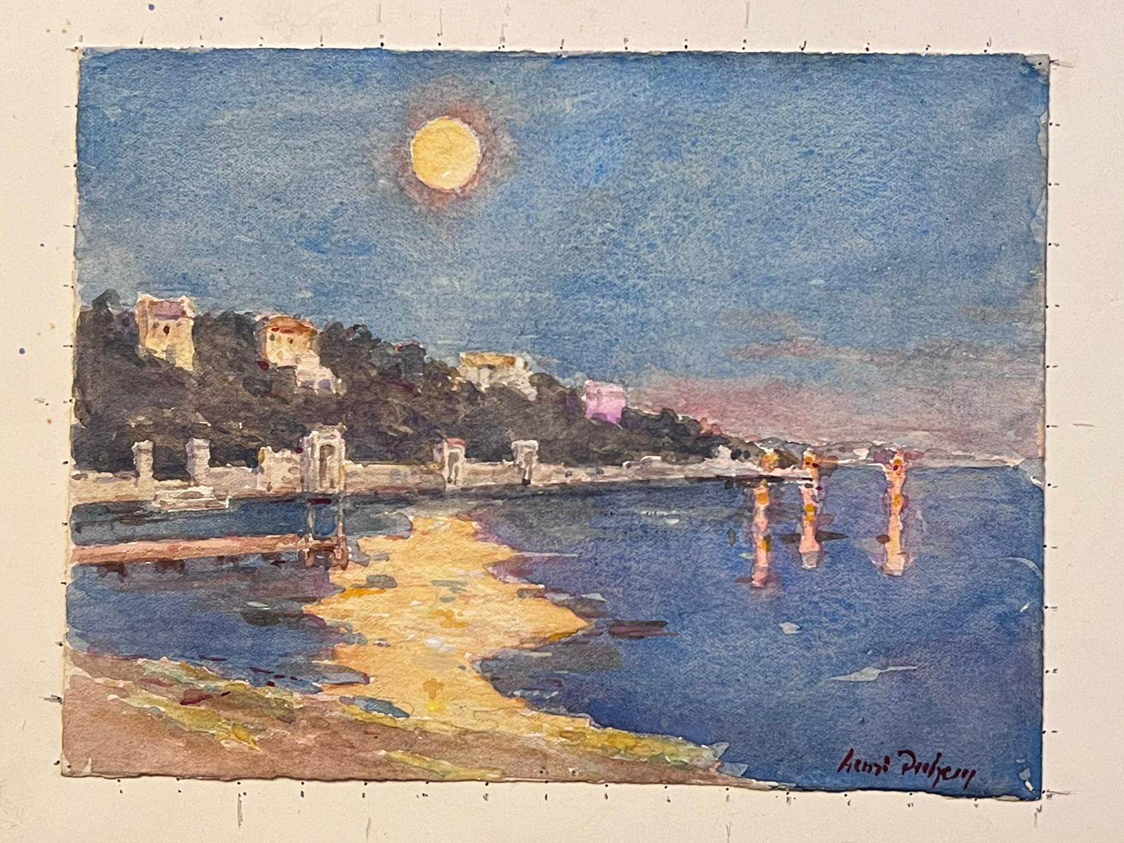 Pregevole dipinto impressionista francese d'epoca con luna costiera nel sud della Francia - Landscape Painting Grigio di Henri Aime Duhem