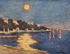 Belle peinture impressionniste française ancienne Coastal Moonlit South of France