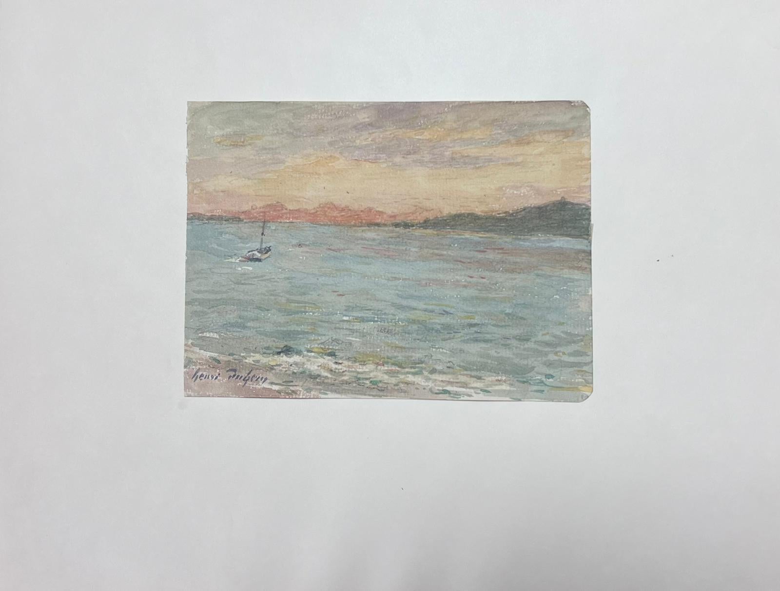 Feine antike Französisch Impressionist Gemälde Küstenlandschaft mit Boot bei Sonnenuntergang – Painting von Henri Aime Duhem