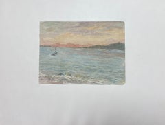 Fine Antique French Impressionist Painting Coastal Seascape with Boat at Sunset