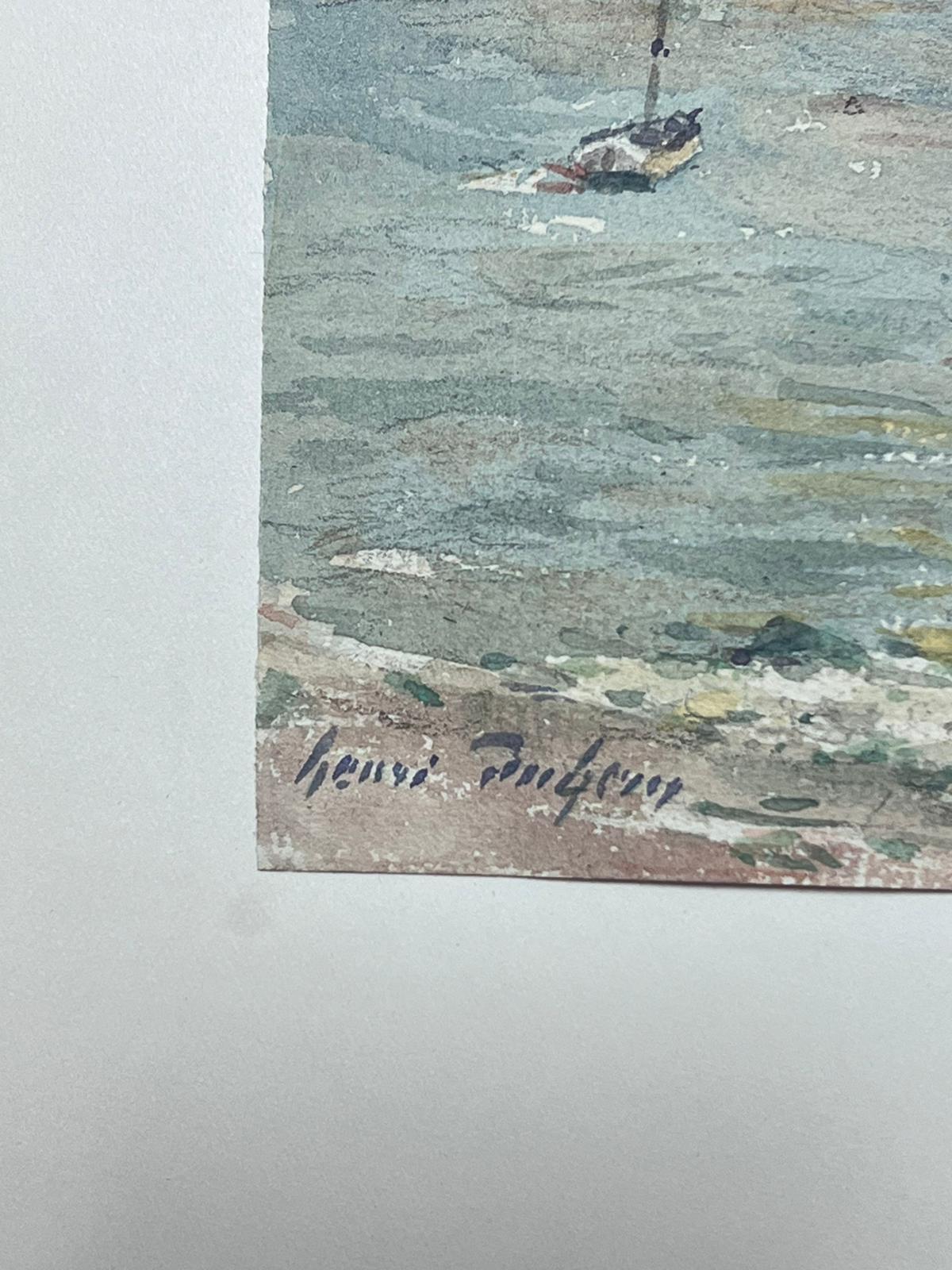 Feine antike Französisch Impressionist Gemälde Küstenlandschaft mit Boot bei Sonnenuntergang (Impressionismus), Painting, von Henri Aime Duhem