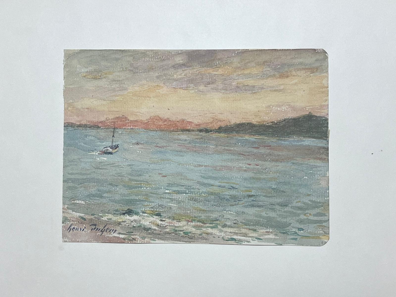 Fine Antique French Impressionist Painting Coastal Seascape with Boat at Sunset For Sale 2