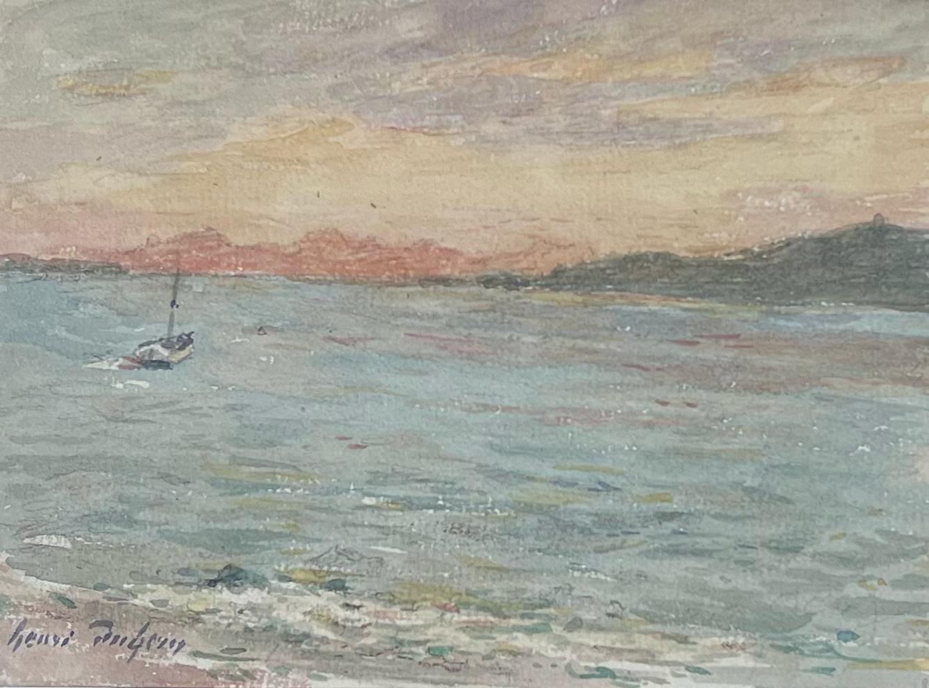 Fine Antique French Impressionist Painting Coastal Seascape with Boat at Sunset