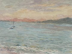 Fine Antique French Impressionist Painting Coastal Seascape with Boat at Sunset