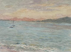 Raffinato dipinto impressionista francese d'epoca con paesaggio marino costiero e barca al tramonto