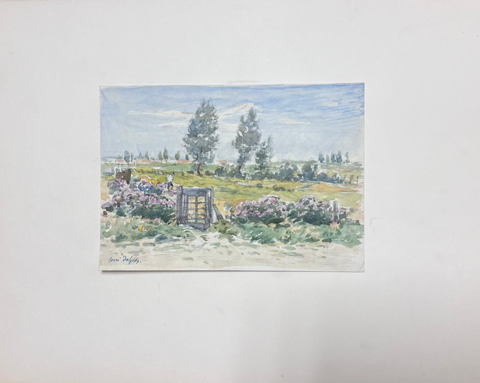The artist: 
Henri Aime Duhem (1860-1941) French *see notes below, signed 

Title: The Country Landscape

Medium:  
signed gouache on paper, loosely laid over card, unframed

card: 10 x 13 inches
painting: 5 x 6.5 inches

Provenance: 
private
