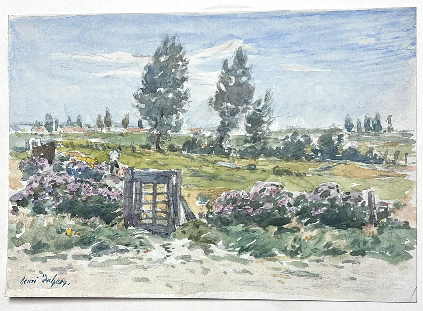 Fine Antique French Impressionist Painting Country Landscape with Figure & Gate For Sale 1
