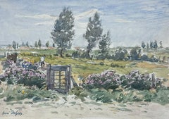 Belle peinture impressionniste française ancienne représentant un paysage champêtre avec une figure et une porte