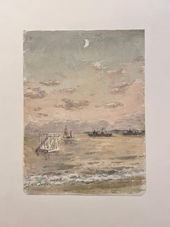 Fine Antique French Impressionist Painting Diving Board Jetty Boats at Sea