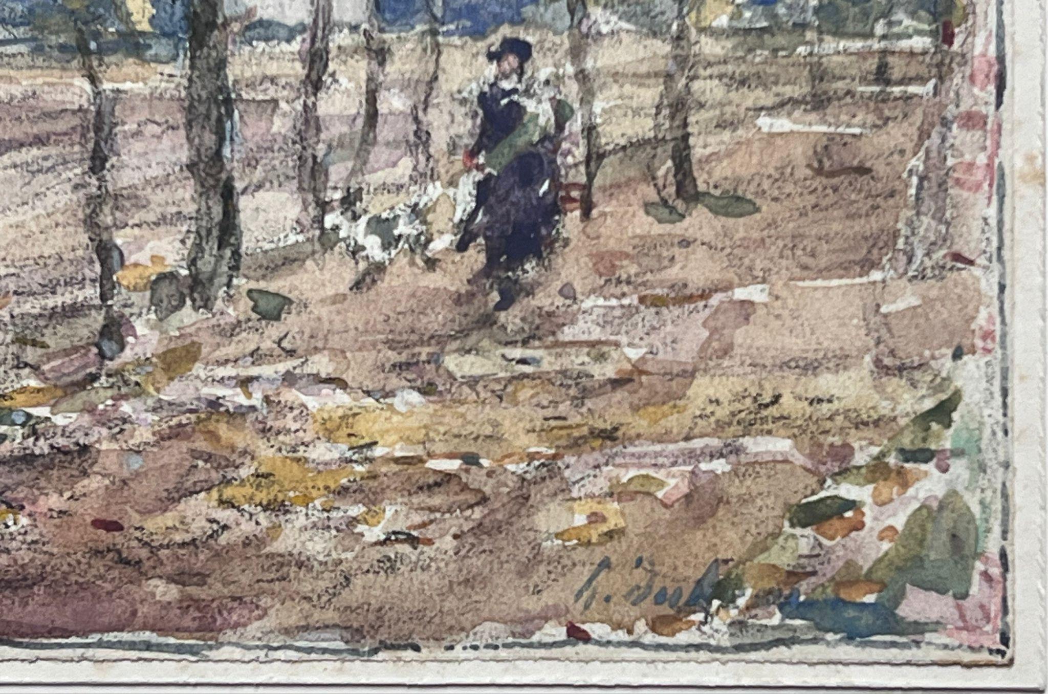 The artist: 
Henri Aime Duhem (1860-1941) French *see notes below, signed 

Title: Figure in Woodland

Medium:  
signed gouache on paper, loosely laid over card, unframed

card: 4 x 5.5 inches

Provenance: 
private collection of this artists work