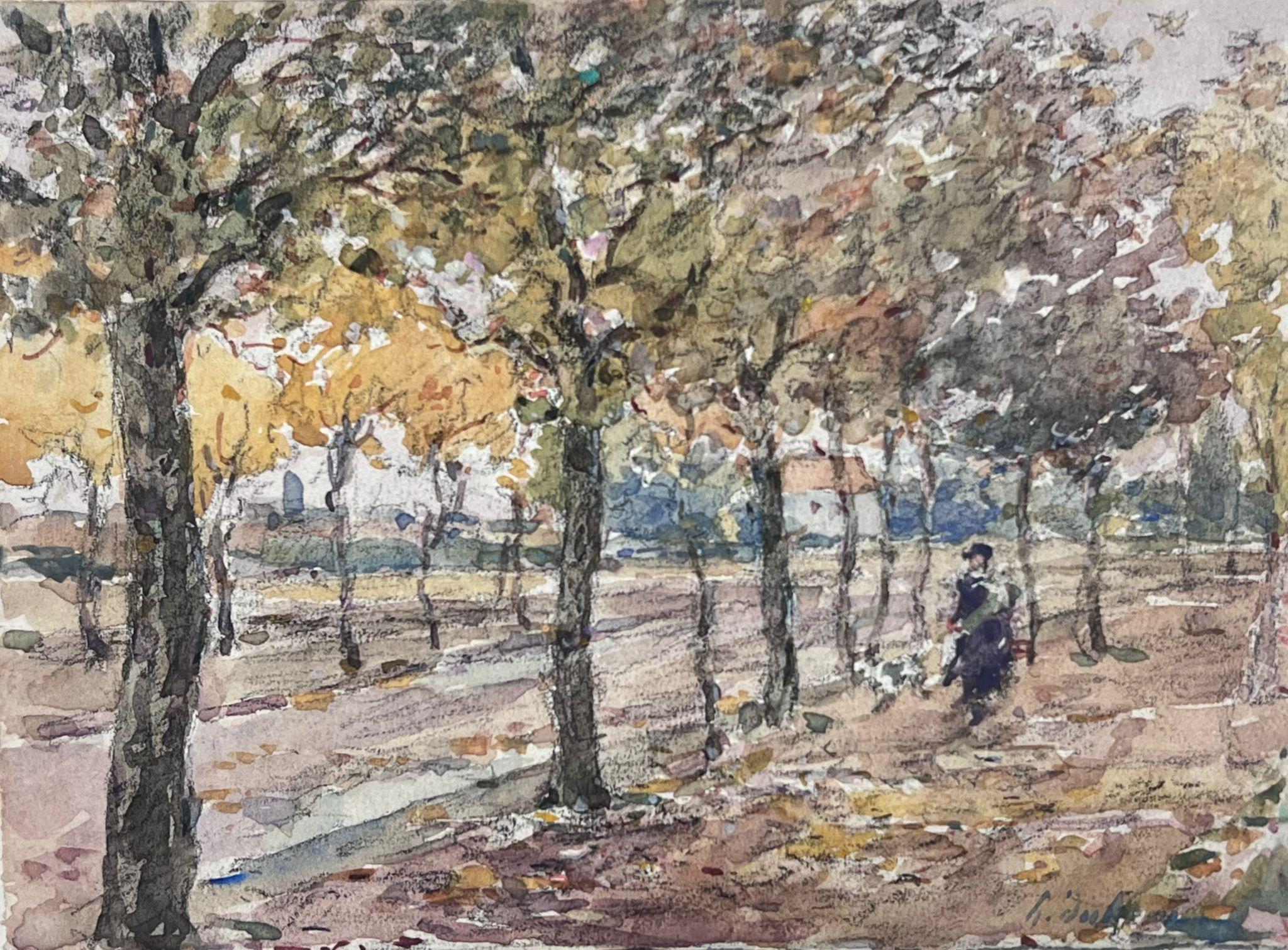 Henri Aime Duhem Landscape Art – Antike, antike, französische, impressionistische Gemäldefigur in Holzland Park, signiert