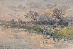 Fine Antique French Impressionist Painting Figure Working by RiverBank