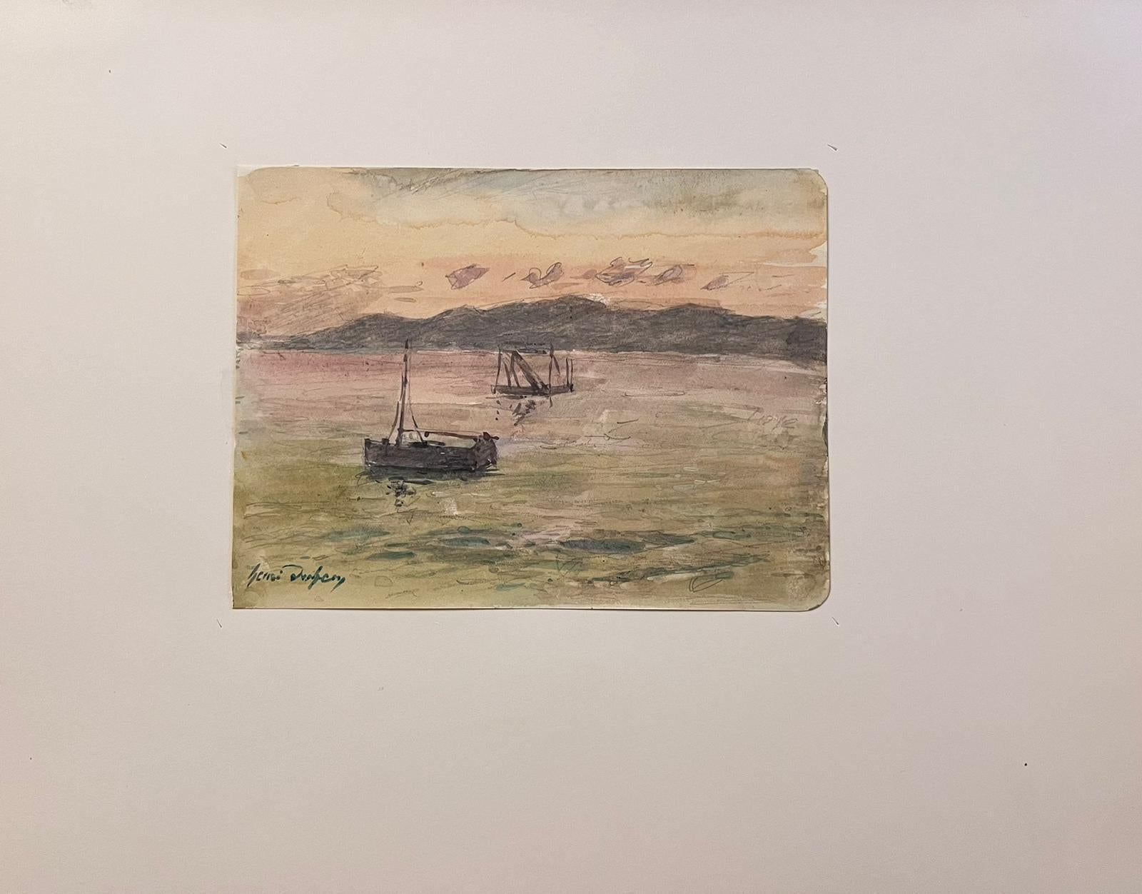 The artist: 
Henri Aime Duhem (1860-1941) French *see notes below, signed 

Title: Boats at Sunset

Medium:  
gouache on paper, loosely laid over card, unframed

card: 9.75 x 12.75 inches
painting: 4 x 6.75 inches

Provenance: 
private collection of