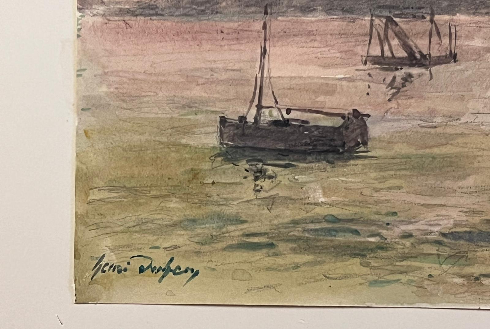 Feines antikes französisches impressionistisches Gemälde mit Fischerbooten im Meeres-Sonnenuntergang (Impressionismus), Painting, von Henri Aime Duhem