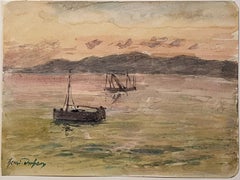 Belle peinture impressionniste française ancienne Bateaux de pêche ancrés en mer Coucher de soleil