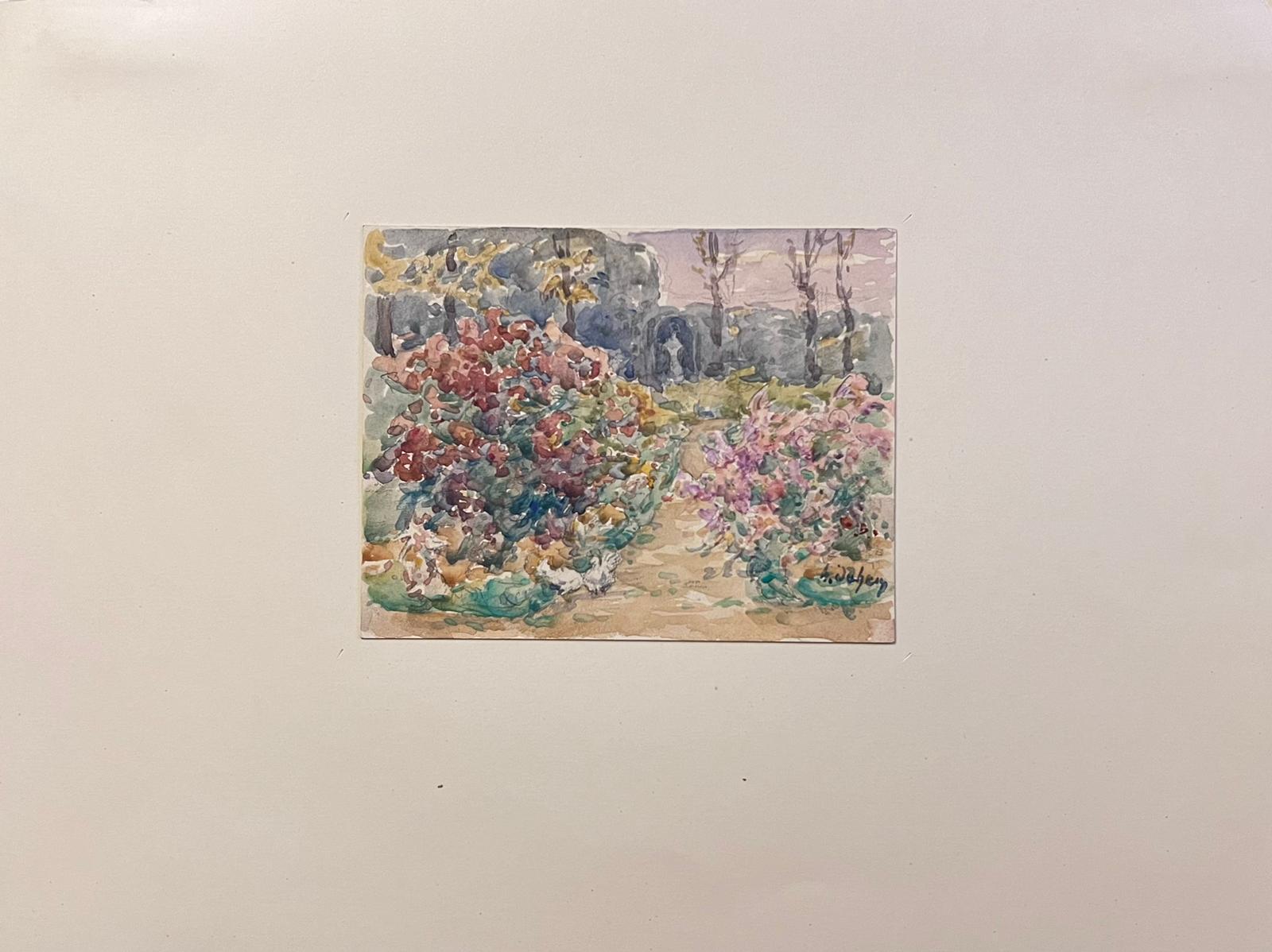 The artist: 
Henri Aime Duhem (1860-1941) French *see notes below, signed 

Title: The Flower Garden

Medium:  
gouache on paper, loosely laid over card, unframed

card: 9.75 x 12.75 inches
painting: 4 x 5.5 inches

Provenance: 
private collection