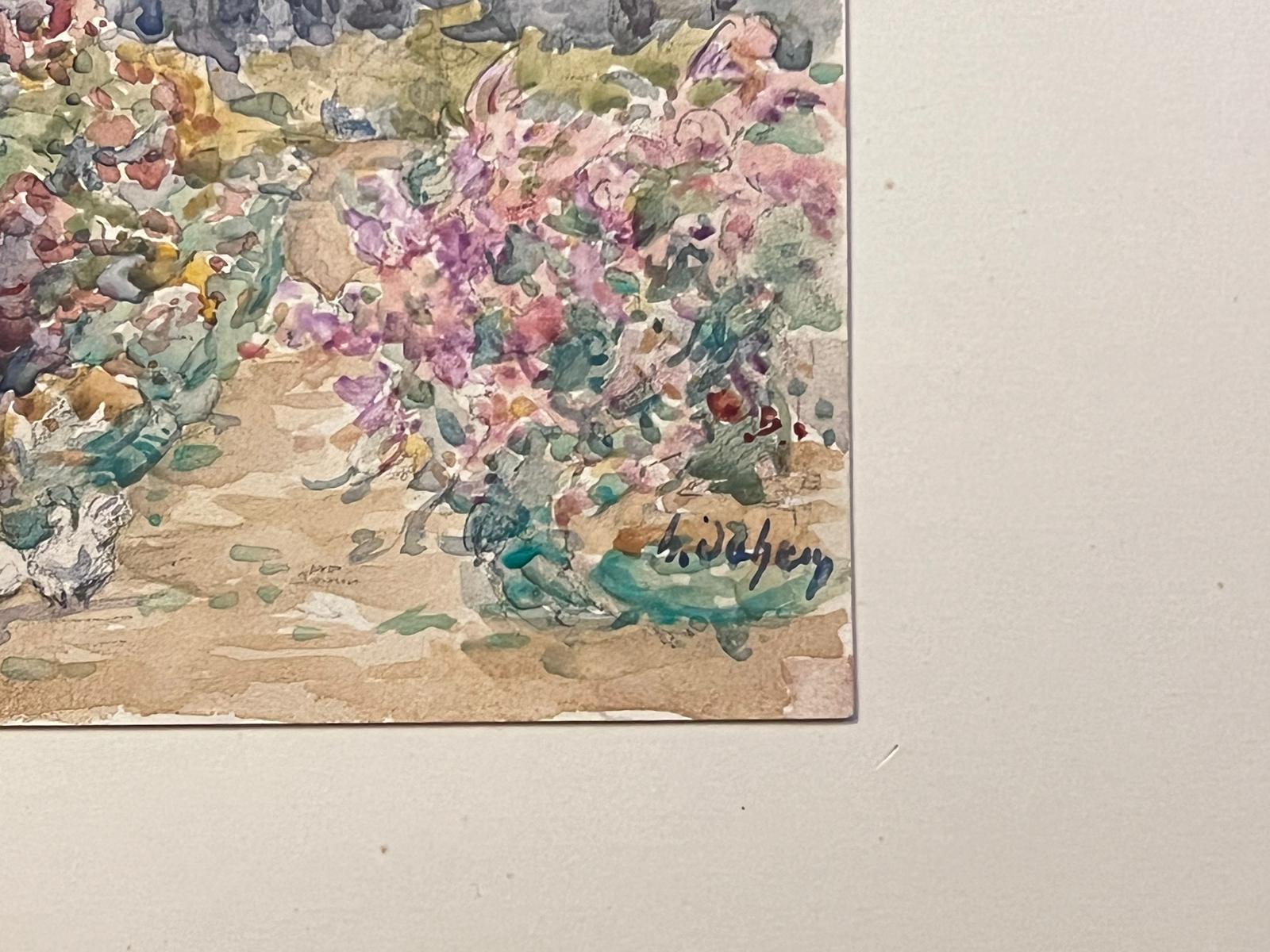 Fine Antique French Impressionist Painting Flower Beds in Garden For Sale 1