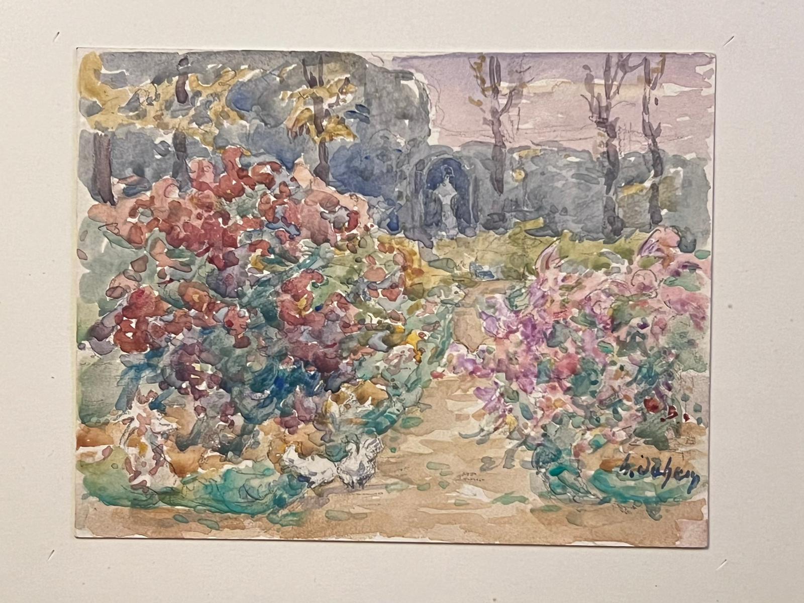 Fine Antique French Impressionist Painting Flower Beds in Garden For Sale 2