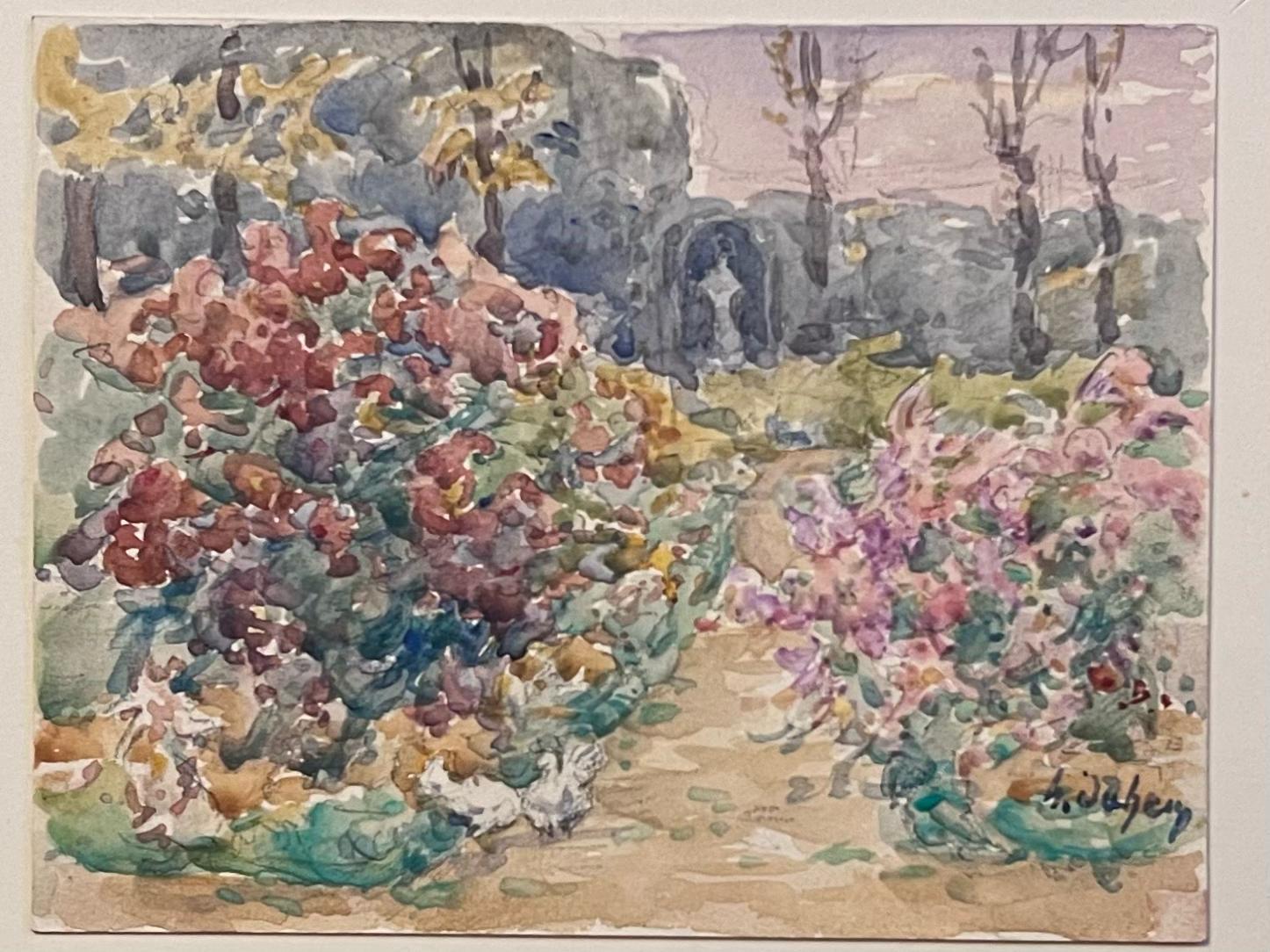 Henri Aime Duhem Landscape Painting - Fine Antique French Impressionist Painting Flower Beds in Garden
