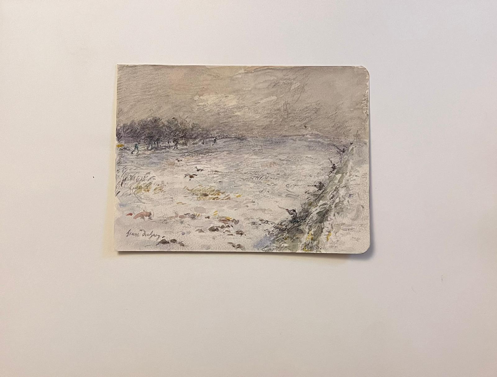 Pregevole dipinto impressionista francese d'epoca Giorni di caccia nella neve invernale - Painting di Henri Aime Duhem