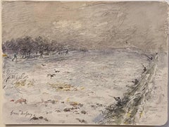 Fine Antique French Impressionist Painting Hunting Days In The Winter Snow